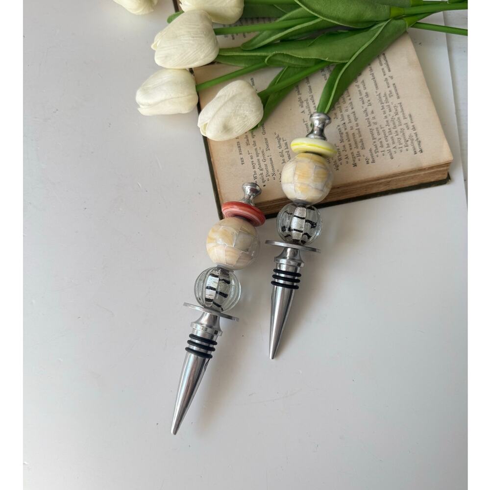 Set of 2 Mother of Pearl & Glass Bead Wine Bottle Stoppers | Artsy Bar Cart Gift